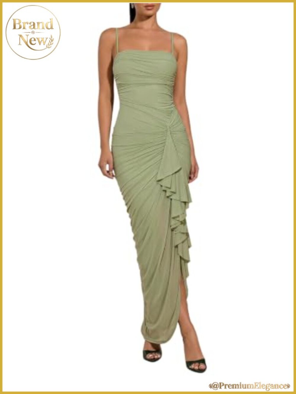 Elegant Ruched Ruffle Mesh Bodycon Maxi Dress Sleeveless